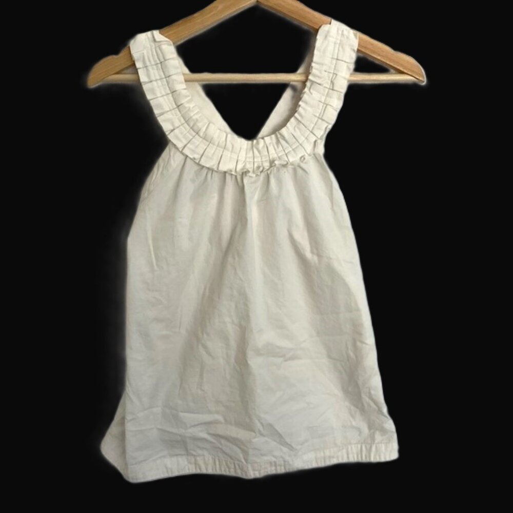 J Crew Women's Top Ruffle Neck 100% Cotton Size 0 Side Zipper White